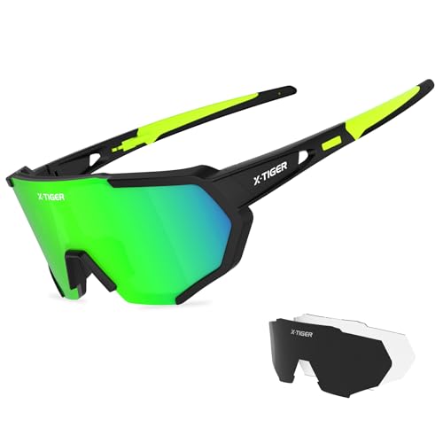 X-TIGER Occhiali Ciclismo CE Autentica Polarizzati con 3 Lenti Intercambiabili Occhiali Bici Antivento e Antiappannamento Occhiali Sportivi da Sole Anti UV da Uomo Donna per Corsa, MTB e Running