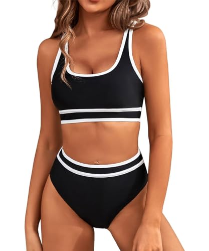 GRMLRPT Costume Piscina Donna Stile Sportivo Bikini Costume da Bagno Due Pezzi con Scollo a U Regolabile Top Donna Triangolo Vita Bassa(Nero,S)