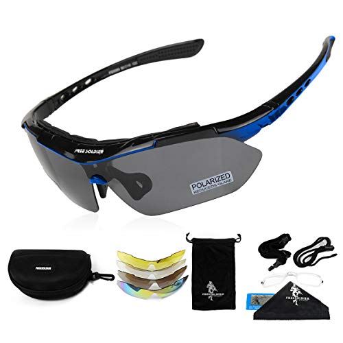 FREE SOLDIER Occhiali da Sole da Uomo Polarizzati 5 in 1 Occhiale Ciclismo MTB Softair Occhiali Tattici Militari Anti-UV400 Protezione per Ciclismo, Corsa, Pesca, Guida, Sport All'aperto, Blu