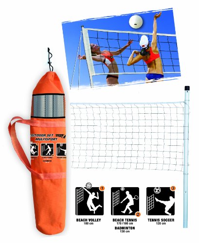 Sport1 Outdoor Set multisport. Ideale per beach volley, beach tennis, badminton e tennis soccer. Rete pallavolo impermeabile e regolabile con paletti, picchetti, nastro per campo e sacca inclusi.