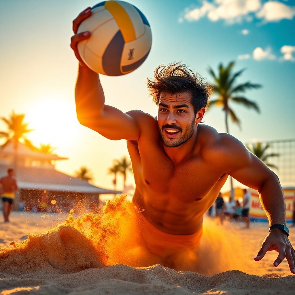 El jugador de voley playa y el entorno se fusionan en una escena vibrante bajo el sol y la arena.