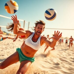 Differenze tra pallavolo in campo e beach volley 12 Falli di beach volley - Falli di gioco en acción durante un emocionante partido de playa.