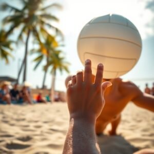 Voley playa 18 Toque de dedos en vóley playa, capturando la acción y la emoción del deporte bajo el sol.